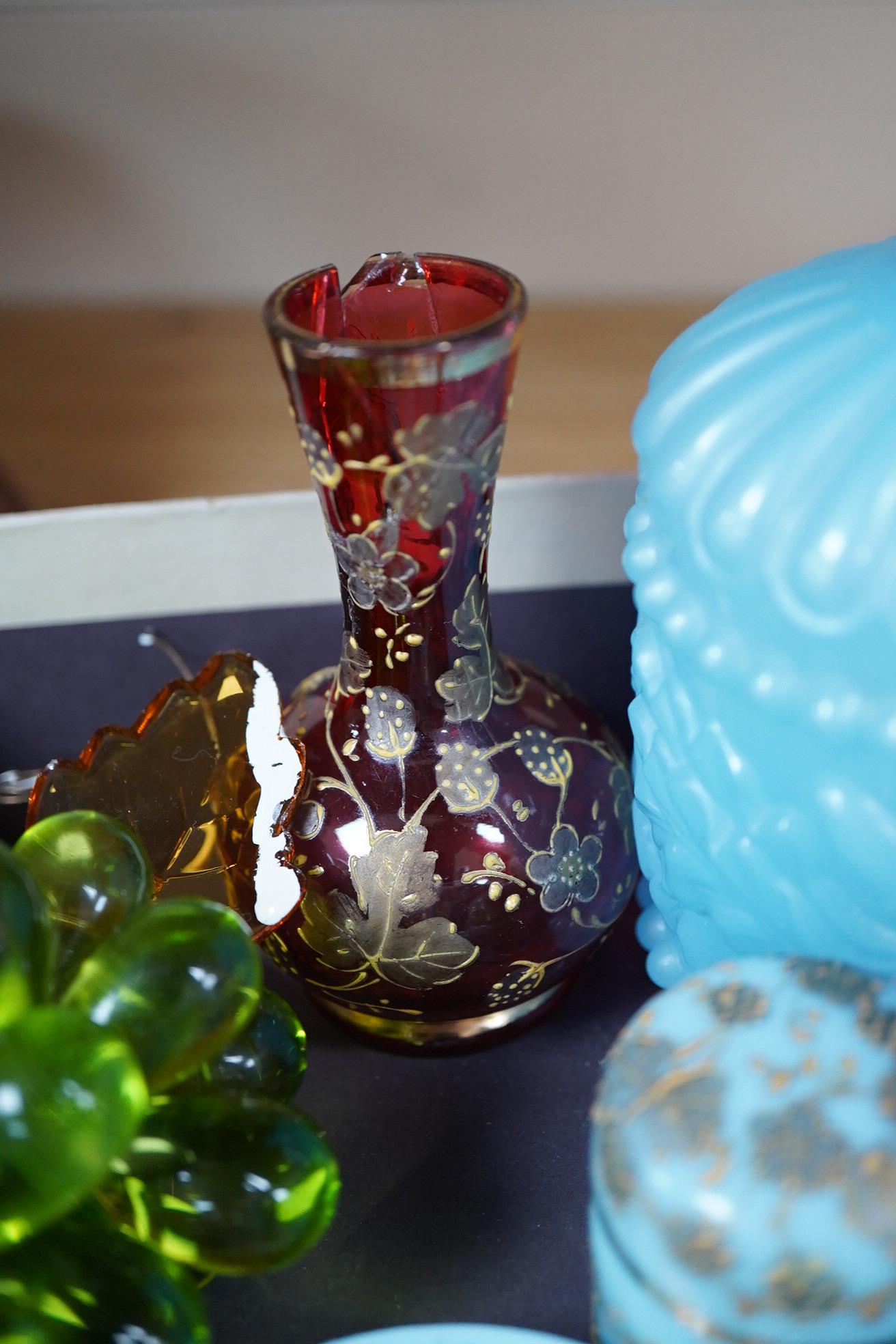 A collection of 19th century and later glassware to include gilt scent bottles, fruit ornaments and beakers, largest 14cm high